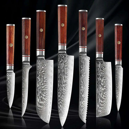 Luxurious 7-Piece Damascus Steel Knife Set with Artisan Rosewood Handles