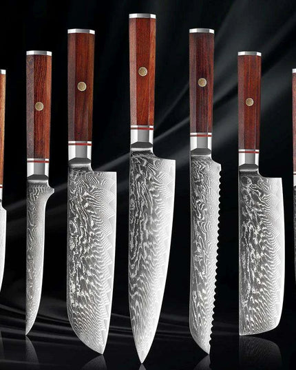Luxurious 7-Piece Damascus Steel Knife Set with Artisan Rosewood Handles