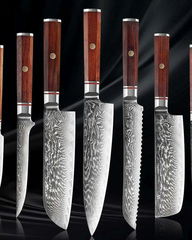Luxurious 7-Piece Damascus Steel Knife Set with Artisan Rosewood Handles