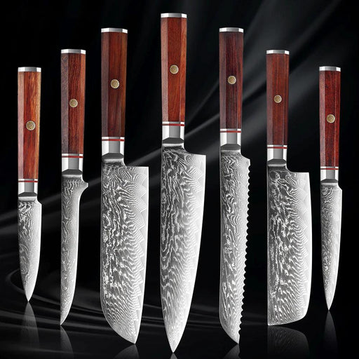 Luxurious 7-Piece Damascus Steel Knife Set with Artisan Rosewood Handles
