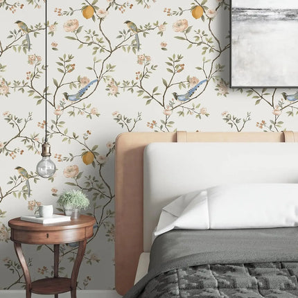 Floral Birds Peel and Stick Wallpaper — Removable, Waterproof, 44cm Wide