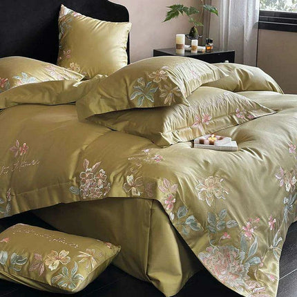Luxurious 1000TC Egyptian Cotton Floral Embroidery Bedding Set with Sheets & Pillowcases - Available in Full, Queen, King Sizes
