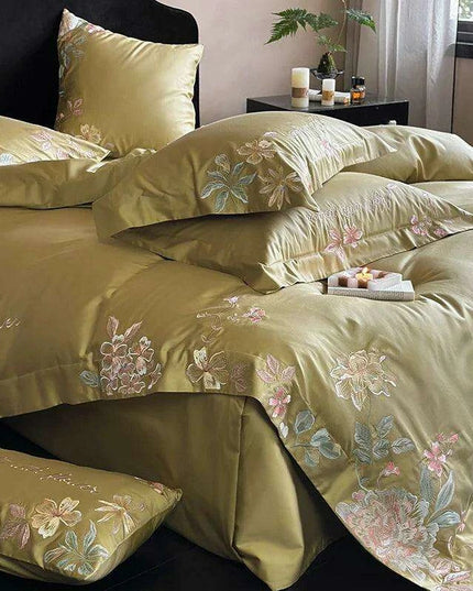 Luxurious 1000TC Egyptian Cotton Floral Embroidery Bedding Set with Sheets & Pillowcases - Available in Full, Queen, King Sizes