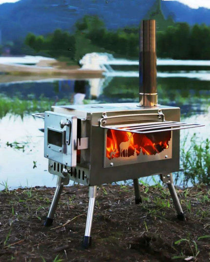Compact Stainless Steel Outdoor Wood Stove with Chimney for Cooking and Heating