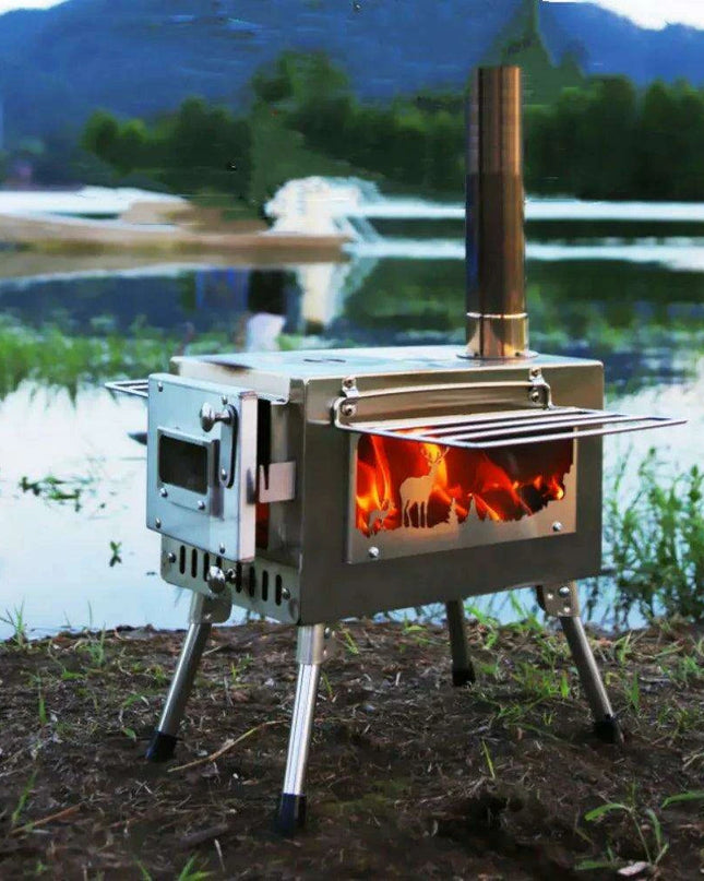 Compact Stainless Steel Outdoor Wood Stove with Chimney for Cooking and Heating