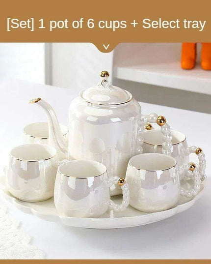 Sophisticated Pearl Ceramic Tea and Beverage Serving Collection with Coffee Pot and Cups