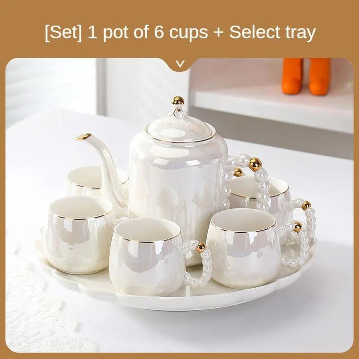 Sophisticated Pearl Ceramic Tea and Beverage Serving Collection with Coffee Pot and Cups