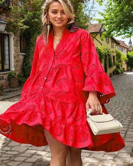 Chic Lace A-Line Beach Dress with Flared Sleeves for Women