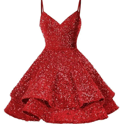 Sparkling Tiered Sequin Spaghetti Strap Short Cocktail Dress for Young Women