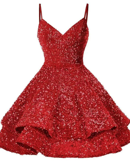 Sparkling Tiered Sequin Spaghetti Strap Short Cocktail Dress for Young Women