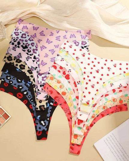 7Pcs Seamless Ice Silk Thong Set for Women - Fresh Low Waisted Print Underwear