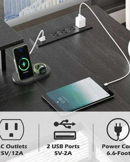 Modern Black L-Shaped Office Desk with Integrated Power Outlets