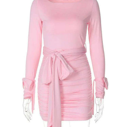 Elegant Pink Bow Draped Long Sleeve Bodycon Mini Dress for Women