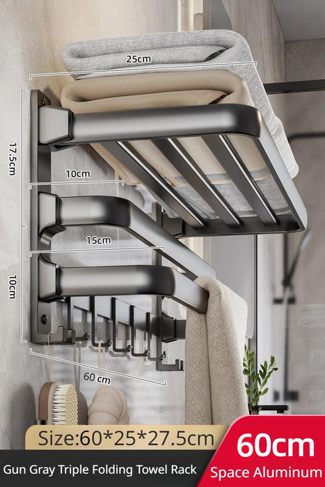 Gunmetal Gray Triple Folding Space Aluminum Bathroom Towel Rack