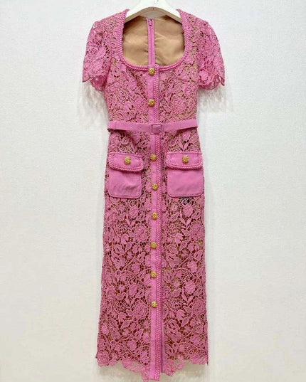 Floral Lace Midi Mini Dress for Women - Spring/Summer Collection, Short Sleeve, Single Breasted, Perfect for Bridesmaids