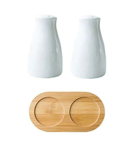 Ceramic Salt and Pepper Shaker Set with Bamboo Tray in Farmhouse Style