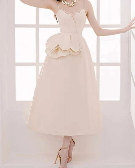 Elegant Apricot Velvet A-Line Slip Dress with Wave Hem Detail