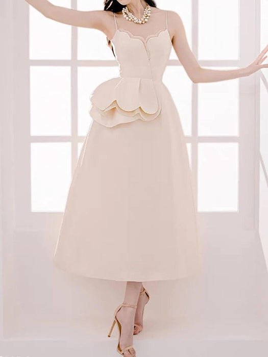 Elegant Apricot Velvet A-Line Slip Dress with Wave Hem Detail