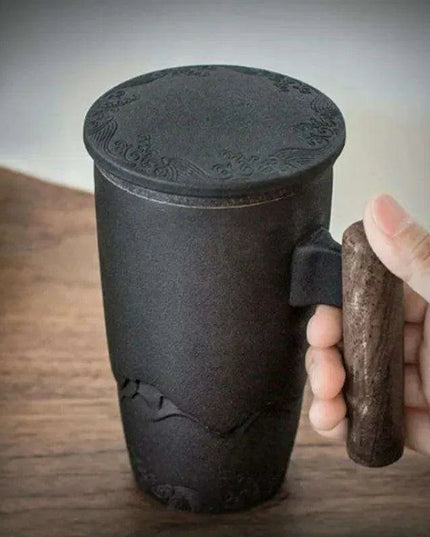 Chic Retro Ceramic Tea Mug with Wooden Lid and Handle - Perfect for Gifting at Home or Office