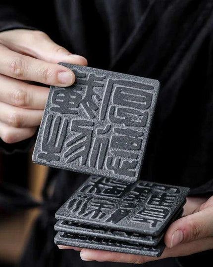 Artisan Crafted Natural Stone Coaster Set with Ancient Chinese Wisdom - Elegant Heat-Resistant