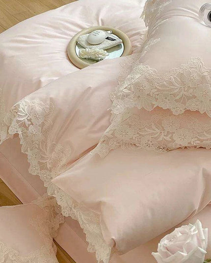 Chic Light Pink Lace Embroidered Royal Quilt Set - Luxurious Egyptian Cotton Duvet Cover with Matching Bed Sheet & Pillowcases in Korean Design