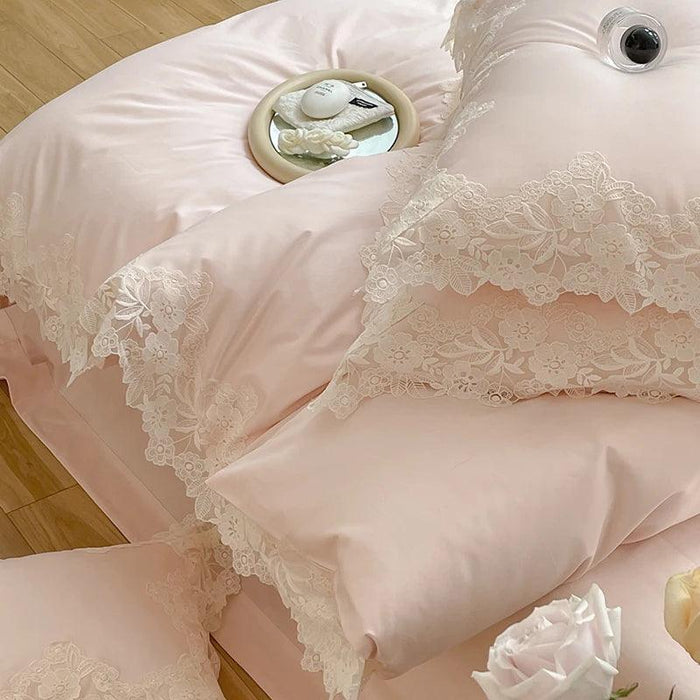 Chic Light Pink Lace Embroidered Royal Quilt Set - Luxurious Egyptian Cotton Duvet Cover with Matching Bed Sheet & Pillowcases in Korean Design