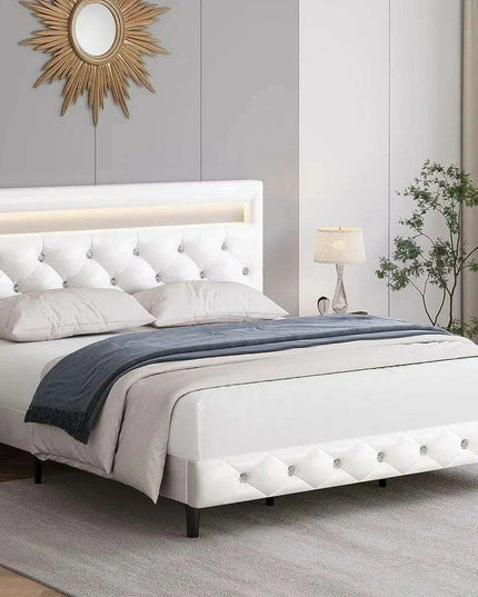LED-Enhanced White Smart Bed Frame with Adjustable Crystal Tufted Headboard