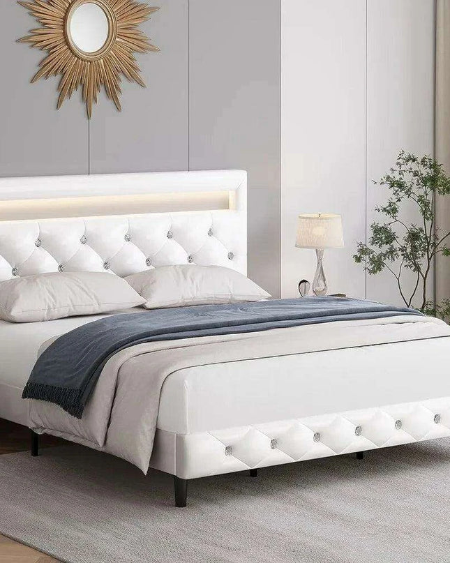 LED-Enhanced White Smart Bed Frame with Adjustable Crystal Tufted Headboard