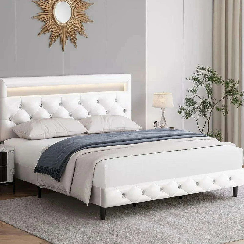 LED-Enhanced White Smart Bed Frame with Adjustable Crystal Tufted Headboard
