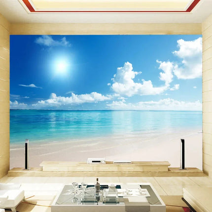 3D Ocean View Mural Wallpaper - Blue Sky & Clouds