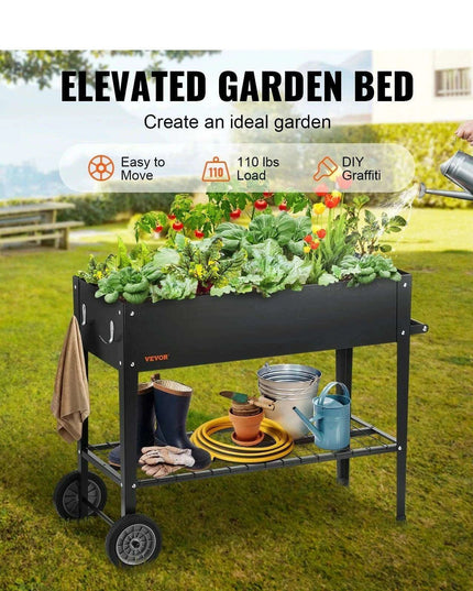 Mobile Steel Elevated Garden Bed with Drainage and Complete Gardening Kit