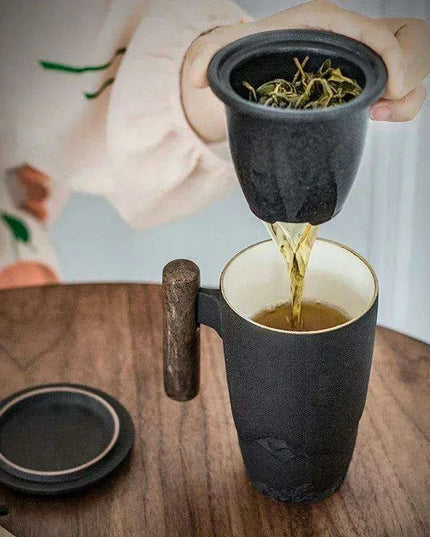 Chic Retro Ceramic Tea Mug with Wooden Lid and Handle - Perfect for Gifting at Home or Office