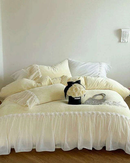 French Lace Ruffle Bedding Set with Velvet Duvet Cover and Floral Embroidery - 4-Piece Ensemble