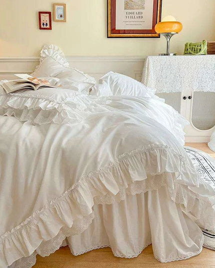 Chic White and Pink Ruffled Girls Duvet Cover Set - 100% Cotton