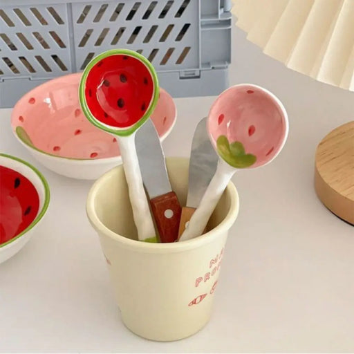 Hand-Painted Ceramic Fruit Patterned Ramen Spoon and Bowl Set