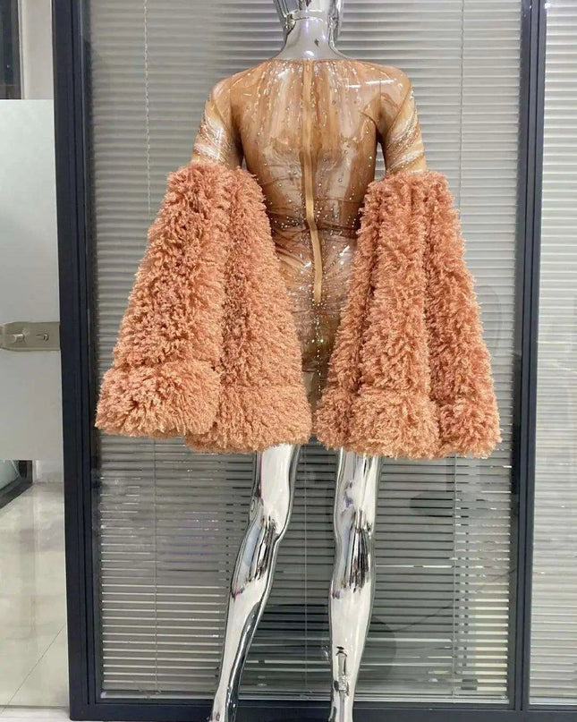 Enchanting Mesh Sheath Dress with Dramatic Flare Sleeves