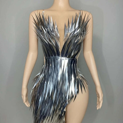 Glamorous Silver Sequin Tube Maxi Gown with Elegant Train