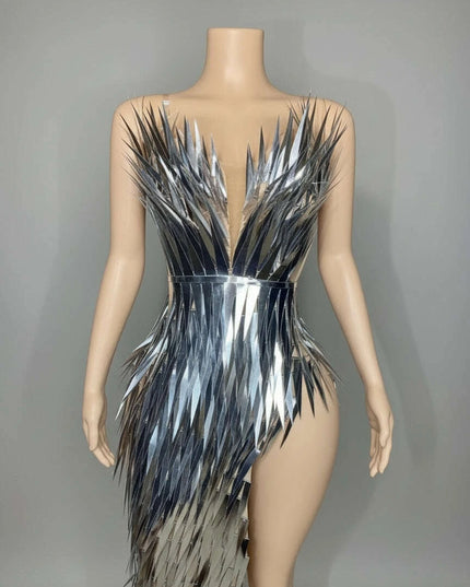 Glamorous Silver Sequin Tube Maxi Gown with Elegant Train