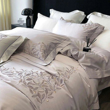 Luxury 1000TC Egyptian Cotton Bedding Set with Leaf Embroidery
