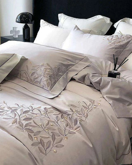 Luxury 1000TC Egyptian Cotton Bedding Set with Leaf Embroidery