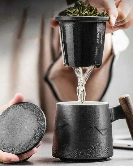 Elegant Vintage Ceramic Tea Mug Collection with Wooden Handle and Infuser Tray