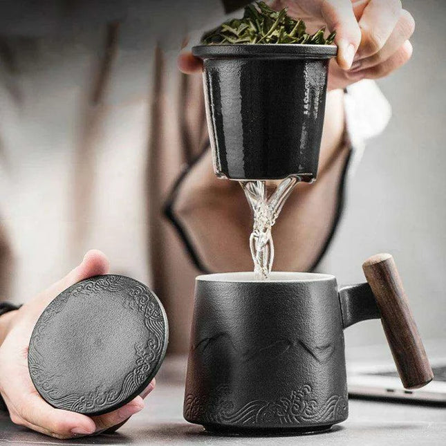 Elegant Vintage Ceramic Tea Mug Collection with Wooden Handle and Infuser Tray