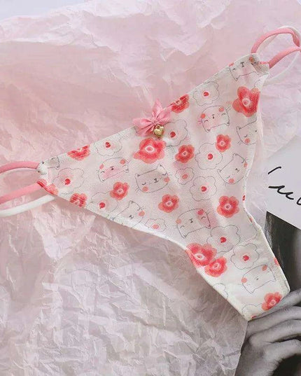 Charming Women's Sheer T-Back Thongs with Playful Strawberry and Cherry Print - Low-Waisted Seamless Sexy Underwear