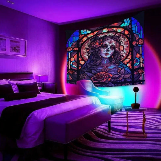 Psychedelic Starry Night UV Glow Tapestry for Room Decoration and Bohemian Aesthetic