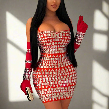 Elegant Diamond-Embellished Bodycon Mini Dress with Matching Gloves for Women - Ideal for Weddings and Special Celebrations