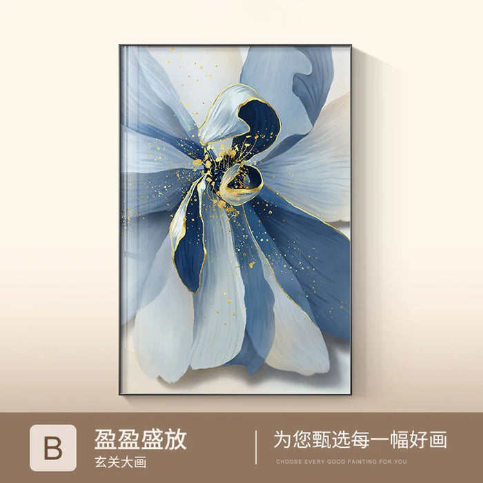 Blue Floral Abstract Art Print with Luxurious Gold Foil Detail - Chic Scandinavian Decor Piece