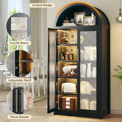 71" Tall Arched Cabinet with LED Lights | Glass Door Pantry Storage Cabinet
