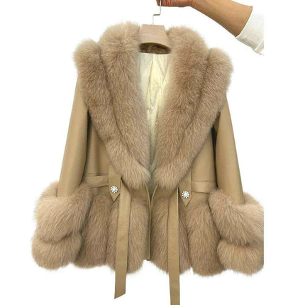 Luxurious V-neck Fox Fur and Sheepskin Winter Coat