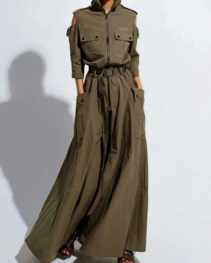 Elegant Retro Cold Shoulder Maxi Dress with Belt and Pockets