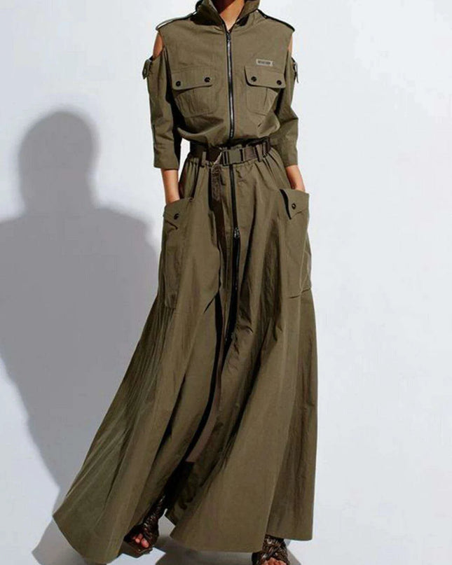 Elegant Retro Cold Shoulder Maxi Dress with Belt and Pockets